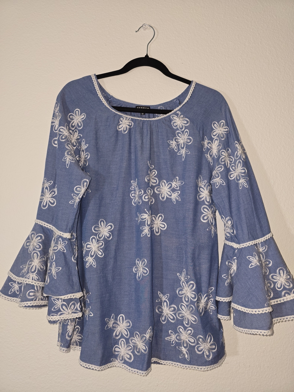 Hannah Blue Floral Embroidered Bell-Sleeve Tunic